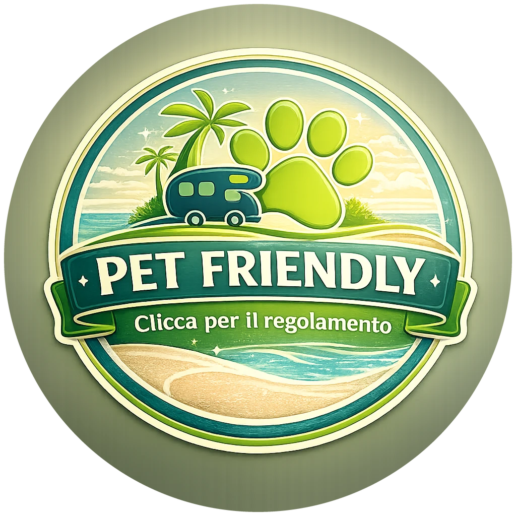 Bollino Pet Friendly di Sosta Camper Manuel con camper, zampa e mare